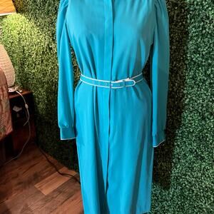 Vintage Country Miss Teal Shirt Dress Belted Long Sleeve Midi Dress Size 6